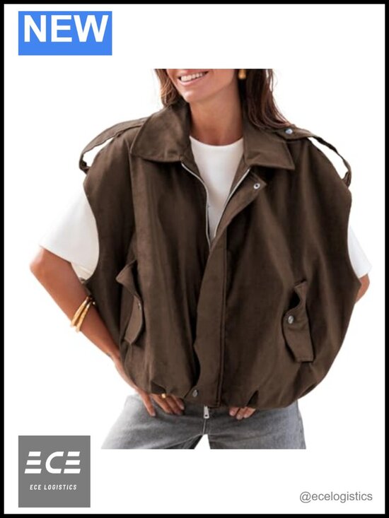 Jackets & Blazers - Faux Suede Vest Oversized Cap Sleeve Bomber Jacket Casual Lapel Collar